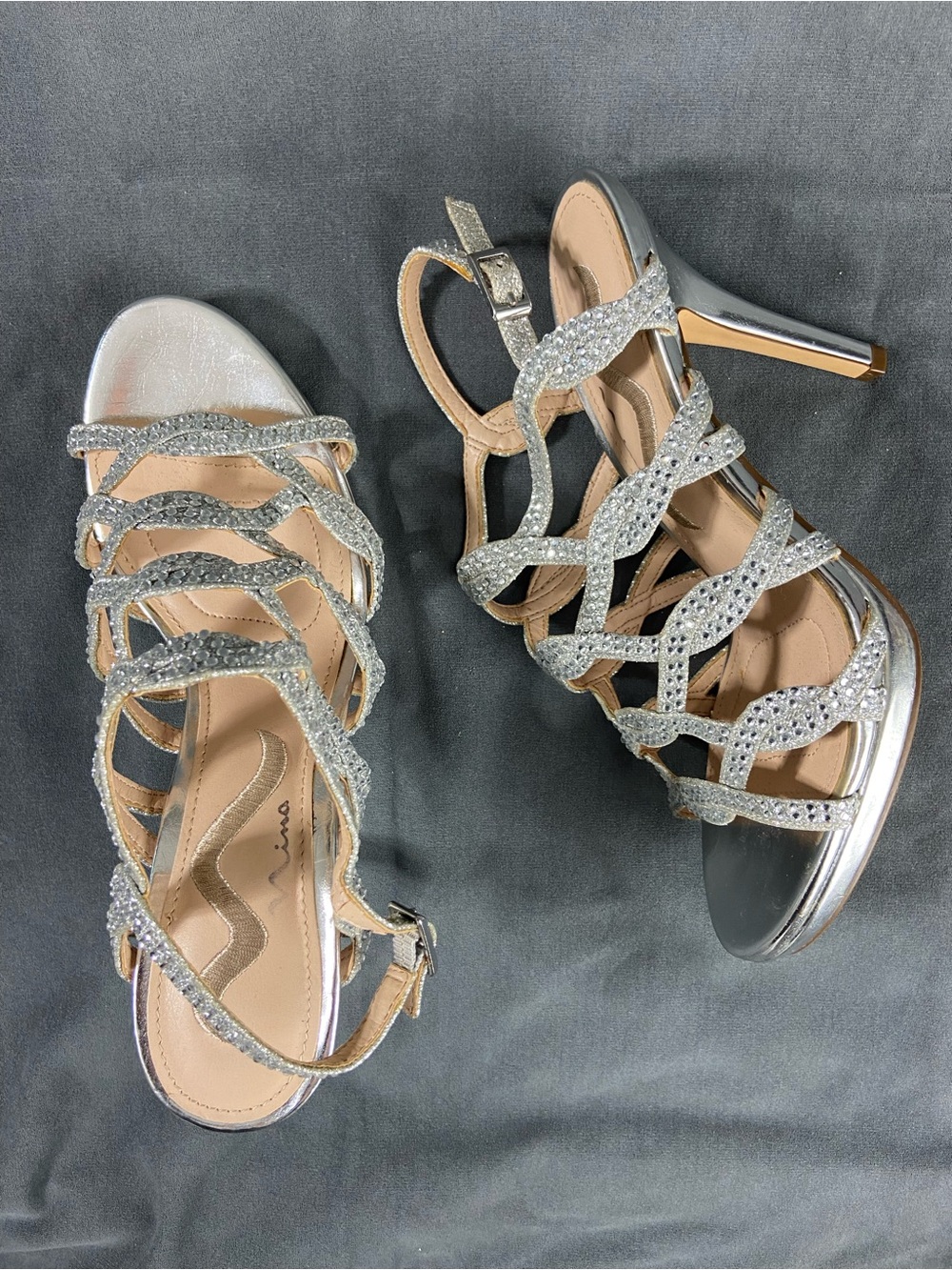 Touch of Nina 6.5 Silver Crystal Embellished Rhinestone Strappy Cage High Heels